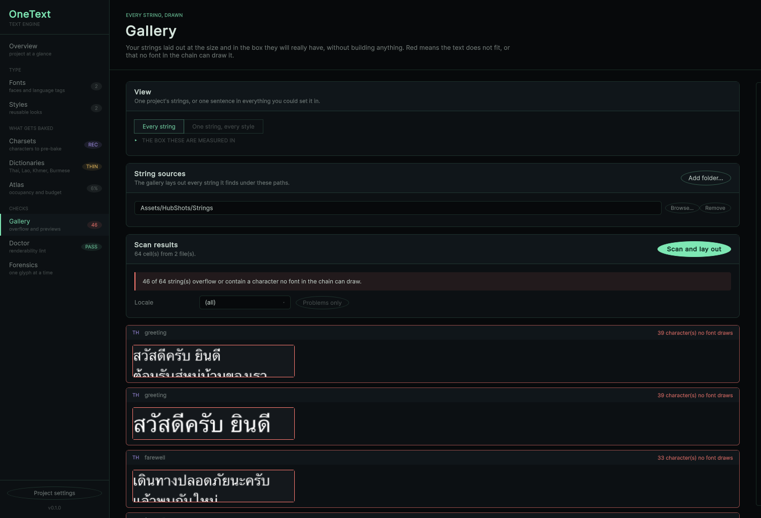 The Hub's string gallery: every localised string in its box, overflow framed in red